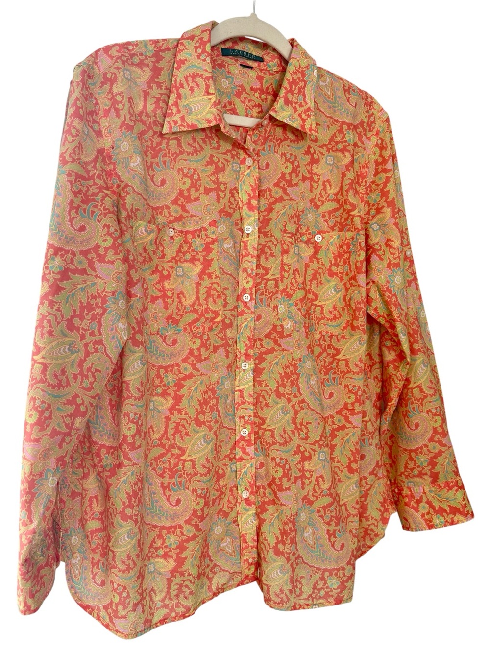 Lauren Ralph Lauren Coral and Green Paisley Button-Down Shirt - Picture 3 of 6